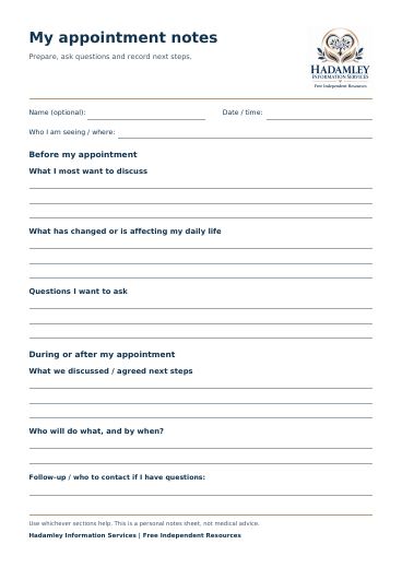 First page of My appointment notes