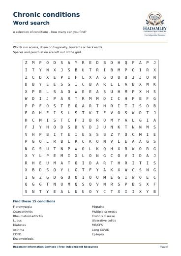 First page of Chronic conditions word search
